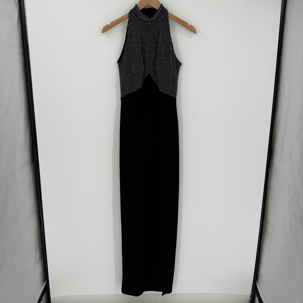 Vintage Lillie Rubin by Tadashi Black Metallic Halter‎ Maxi Gown Dress Medium